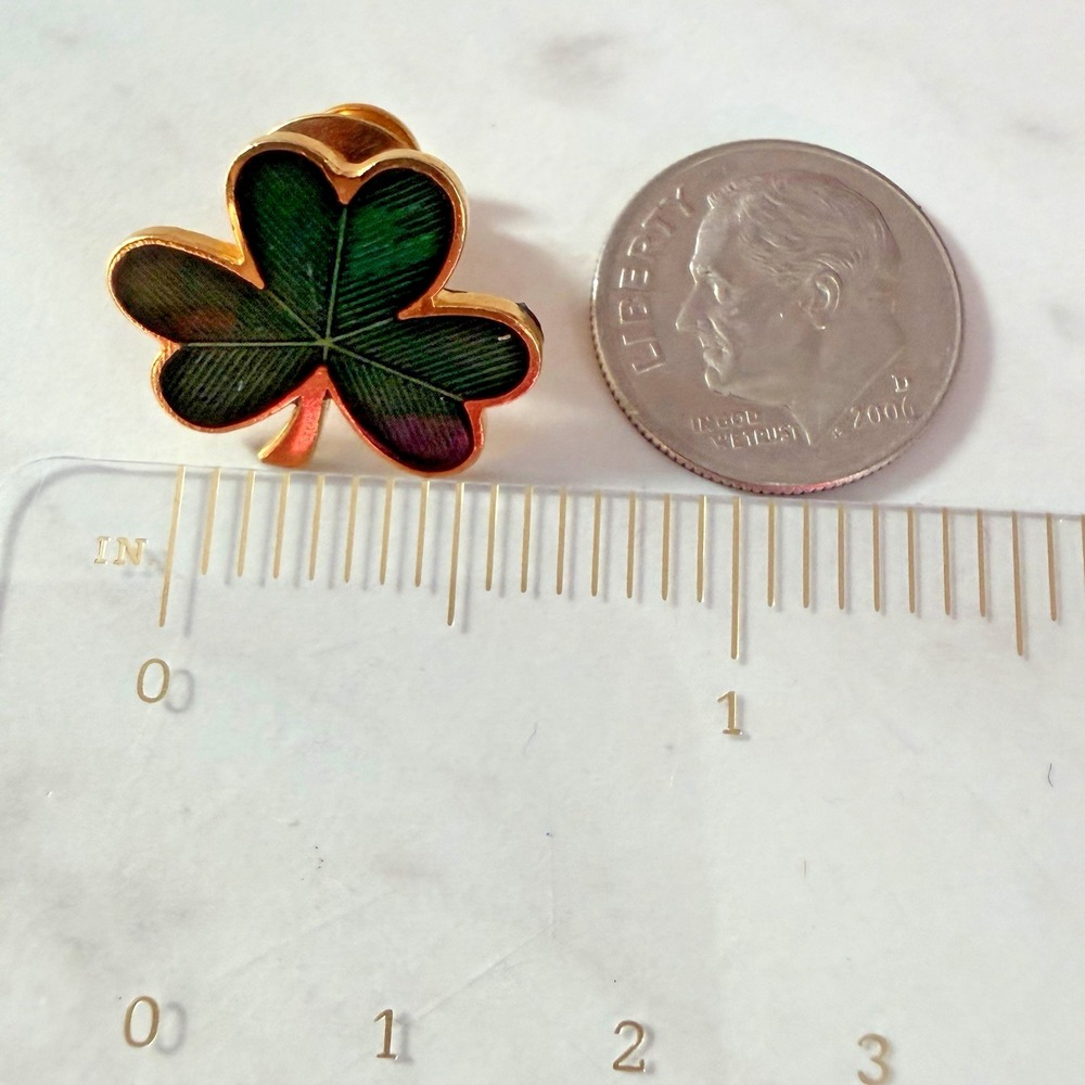 Vintage Hallmark Three Leaf Clover Tac Pin Green Enamel Gold Tone Metal - Picture 4 of 5